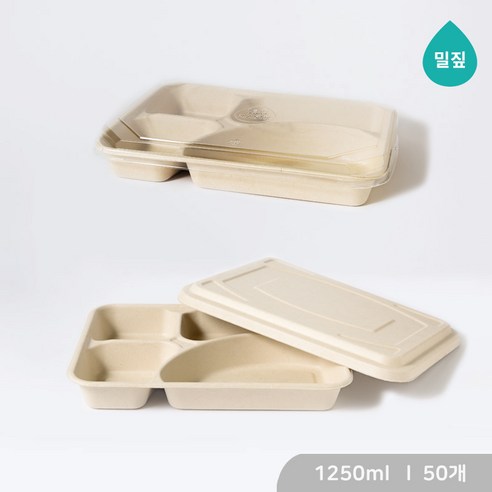 아이엠그리너 사각호환L 4칸 밀짚 펄프 도시락 용기 + 펄프 뚜껑 세트 1250ml, 1개, 50세트