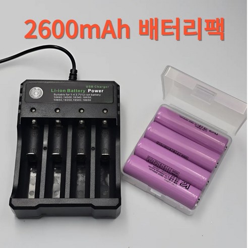 [당일발송] 3.7v 리튬이온 18650배터리팩 충전기 케이스 보호회로내장 KC인증, 1세트, 충전기+2000mAh 4개