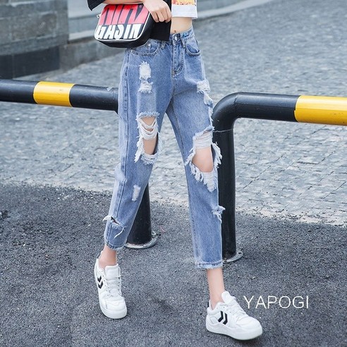 YAPOGI 찢어진 청바지 여성 느슨한 스트레이트 바지 2021 여름 새로운 높은 허리 슬리밍 자른 아빠 거지 바지 YAPOGI