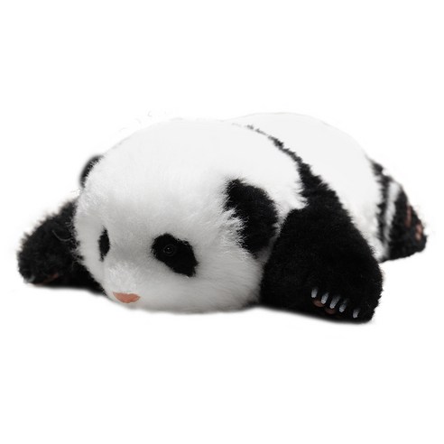 PANDA PEACE 가죽 양모 엎드린 판다 인형 + 빗 롤러형 클리너 파우치 세트, 화이트 + 블랙, 12cm