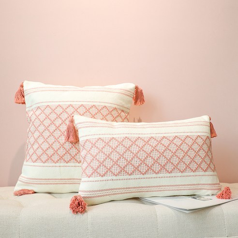 DFMEI 홈 원사 원사 자카드 기하학 술 소파 베개 케이스 침실 광장 베개 쿠션, DFMEI Girly pink, 30x50cm 베개 + 베개 코어