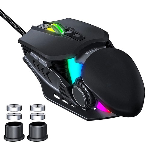 Xzante T-WOLF 게임용 마우스 측면 버튼이 있는 유선 6400 DPI 4개의 조정 가능한 무게 인체공학적 디자인, 그림이 보여 주듯이, ABS