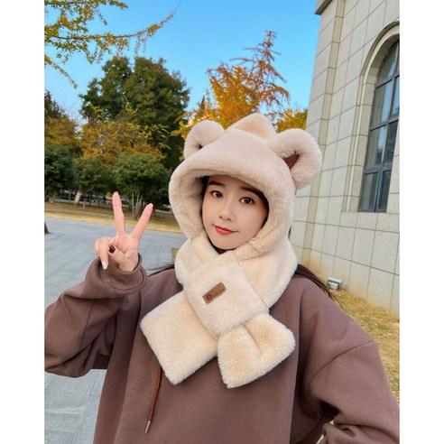 따뜻한 곰돌이 털모자 목도리 일체형 겨울 방한 후드