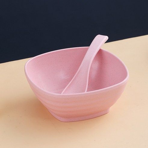 심플한 밀짚 밥그릇 가정용 플라스틱 그릇 식기 세트 아침식사 오트밀 작은 그릇 디저트 그릇 넘어짐 방지, 네모난 그릇+스푼-핑크