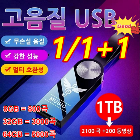 1/1+1 차량용 고음질 USB 차량용 음악 외장 하드 노래USB 8GB/32GB/64GB 방수usb메모리, 64G 차량용 노래 usb*1, 1개