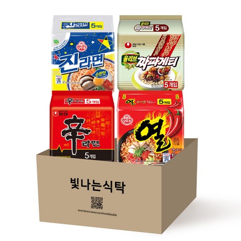 [빛나는식탁] 멀티 라면 4종 신라면 120g 5봉 + 짜파게티 140g 5봉 + 진라면 순한맛 120g 5봉 + 열라면 120g 5봉 봉지라면 멀티팩 묶음 세트