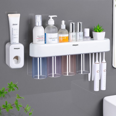 MOHEGIA 칫솔 홀더 비 천공 세트 치과 컵 홀더 치약 압착기 구강 세척 컵 보관 홀더, 칫솔 홀더 치약 4 컵 (업그레이드)