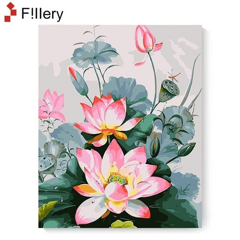 FiIIery DIY 명화그리기 해바라기그림 풍경화 꽃 유화 세트 40 x 50cm, 20-홍백련