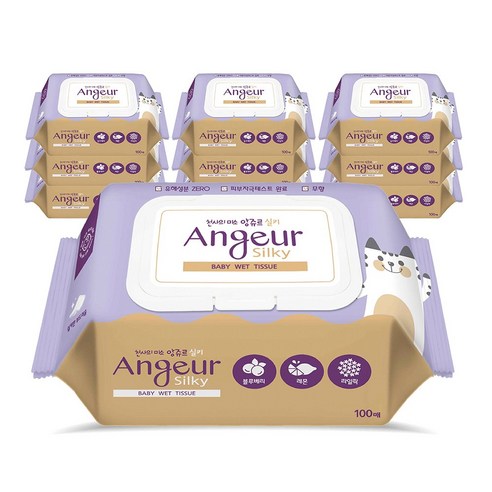 앙쥬르 실키 유아물티슈 캡형, 10팩, 100매