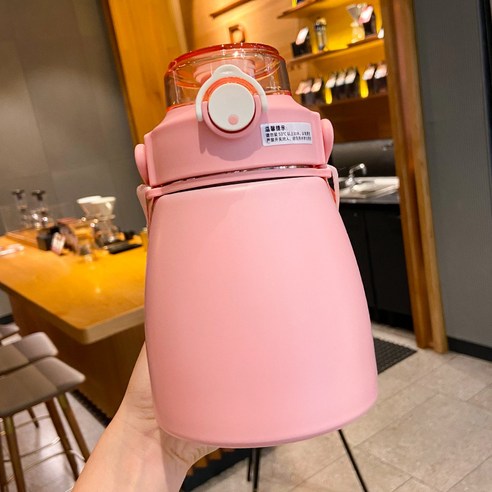 배 큰 보온컵 여자 귀여운 물컵 대용량 고안치 스테인리스강 컵 벨트 빨대망 빨간 주전자, 핑크 싱글컵, 750ml