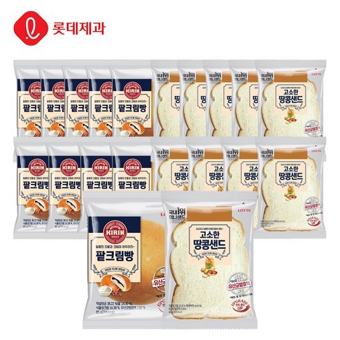 롯데제과 기린 빵 고소한 땅콩샌드X10개+팥크림빵X10개, 85g, 20개