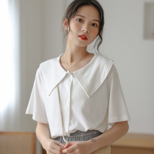 DFMEI 작은 신선한 인형 칼라 화이트 반팔 셔츠 여성의 디자인 감각 틈새 달콤한 모든 경기 셔츠 느슨한