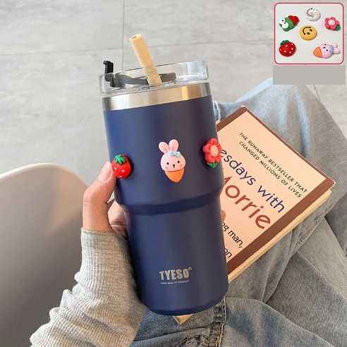 진공단열 대용량 빨대 텀블러 보냉보온 텀불러+세척솔+DIY스티커, 블루, 600ml