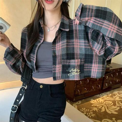 탑보그 크롭 체크셔츠 카라 긴팔 남방 꾸안꾸