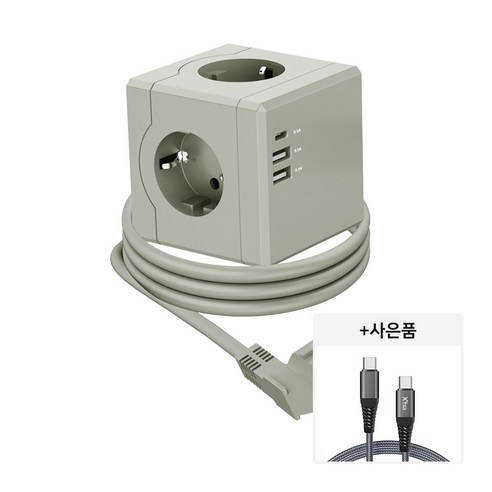 에코너 큐브 멀티탭 C타입 3구 4000W 고용량 + 100w 고속케이블 증정, MT02 그레이, 1개, 1.8m