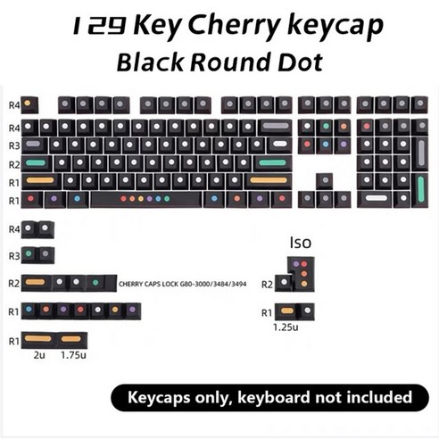 키캡 키보드 keycaps 체리 129 블랙 라운드 도트 pbt iso 레이아웃 mx, 검은색 둥근 점