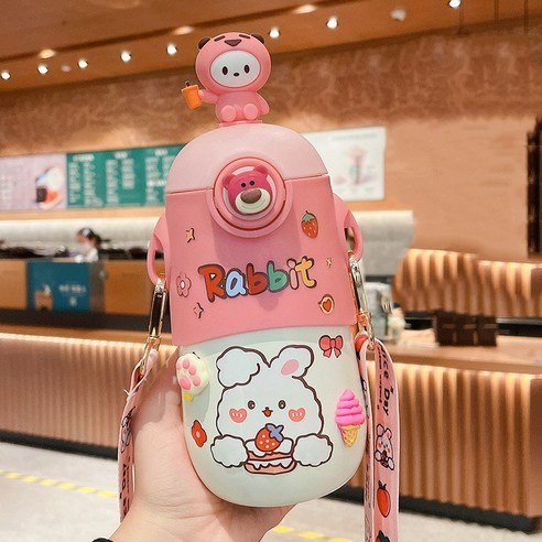 [LM] 500ml Kawaii 토끼 보온병 귀여운 스테인레스 스틸 보온병 물병 빨대와 절연 차가운 음료 컵, Pink B, {"크기":"500ml"}