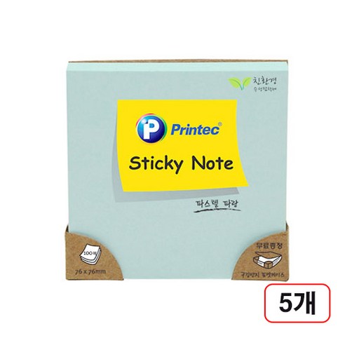 프린텍)스티키노트 파스텔(76x76mm/100매), 5개, 파랑(7676B)