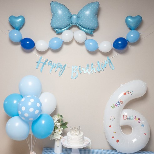 연지마켓 생일풍선 생일파티용품 리본풍선 숫자세트, 블루리본 화이트세트 6