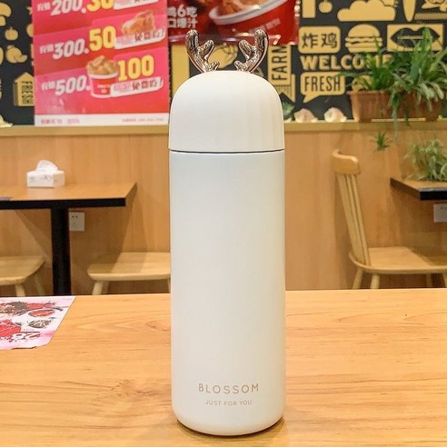 한국 버전 ins 남성과 여성 304 스테인레스 스틸 보온병 컵 신선하고 간단한 핸드 컵, [스트라이프디어 라지 400ml--펄 화이트, 싱글 컵(경품 없음)