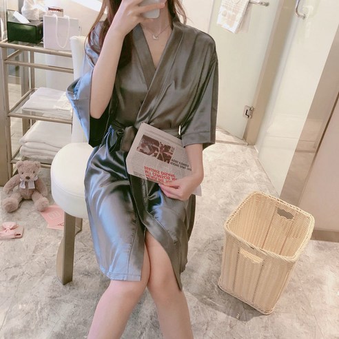 DFMEI-Y 가을 겨울 잠옷 여성 얼음 실크 긴팔 들러리 아침 가운 신부 웨딩 여성 호텔 목욕 가운, DFMEI B 그레이 하프, S