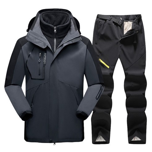 스노우보드엣징 겨울 스키 스노우보드 재킷 남성 야외 스키복 바람막이 방수 재킷과 바지 스노우 의상, [16] Dark gray Black set