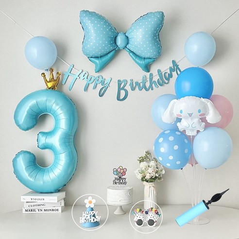 연지마켓 시나모롤 산리오 생일풍선 파티세트, 블루실속숫자(3)