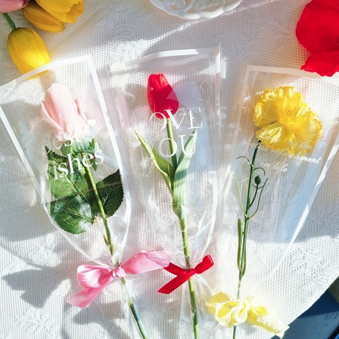 하리움 흰테두리 감성 레터링 꽃 한송이 포장지 OPP 투명 비닐 5종 50장, 2.필기체 레터링(흰테두리)