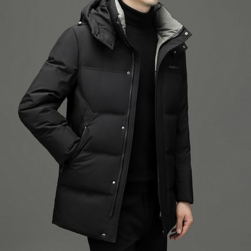 프리미엄 화이트 구스다운 남성 후드 도톰 기모 패딩 하프 기장 남성 슬림 코트
