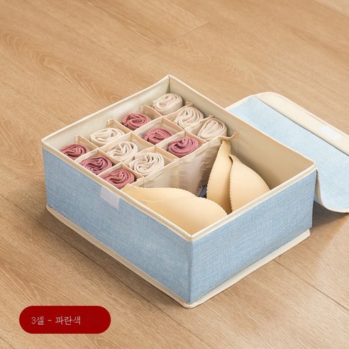 ZZJJC 패브릭 내의 수납함 서랍정리함 워싱 접이식 브라팬티 양말 별칸 수납상자, 13체크-블루