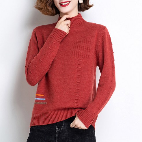 KORELAN 반폴라 니트 여성 루즈핏 덧장 숏 풀오버 반폴라 티셔츠 가을겨울담는다.