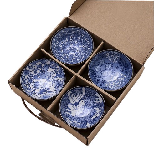 Gu Ran Jiang Fang 언더글레이즈 컬러 레트로 포셀린 볼 공기 C, 4개입, Blue + White