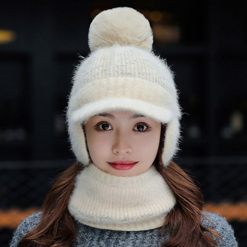 [사은품증정] 랄라닷 울 니트 여성 겨울 모자 방울 털모자 귀달이모자 넥워머 세트 방울 모자
