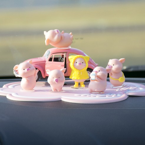창의력 귀여운 여신형 돼지 카우보이 장식품 개성 계기대 내장 장식차 장식품, 1 건, 6마리 돼지 핑크 승용차 핑크 구름 패드 흔적 없는 스