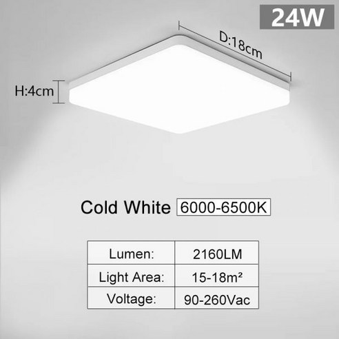 인테리어 MARPOU 스퀘어 LED 천장 조명 침실 뉴트럴 화이트 콜드 웜 48W 36W 24W 18W, Cold White-24W_China