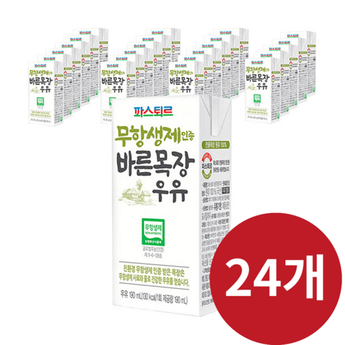 파스퇴르 무항생제 인증 바른목장 우유, 무항생제인증, 24개, 185ml