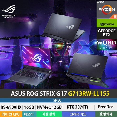 (당일발송)ASUS ROG STRIX G17 G713RW-LL155 R9-6900HX/DDR5 16GB/NVMe 512GB/RTX3070Ti/FREEDOS/QHD/게이밍 영상작업, Free DOS, 16GB, 512GB, 그레이