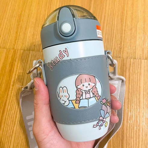 귀엽다 만화 316 스테인리스강 보온컵 휴대용 컵 커버 멜빵 여학생 컵, 청색, 300ML