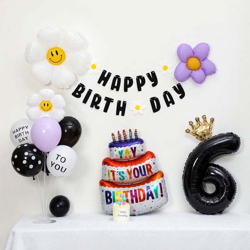 [피앤비유니티] 캐릭터무광데이지 생일케익풍선세트 스탠드형, 10-06)무광데이지생일풍선세트 6 블랙, 1세트