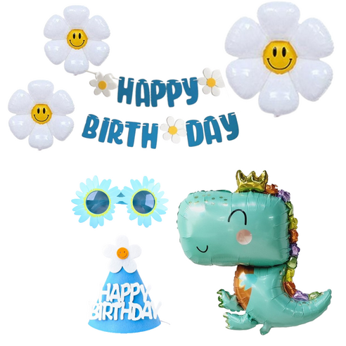 연지마켓 생일파티 용품 세트 데이지 풍선 생일 가랜드 안경 고깔, 1세트, 11)블루 아기공룡