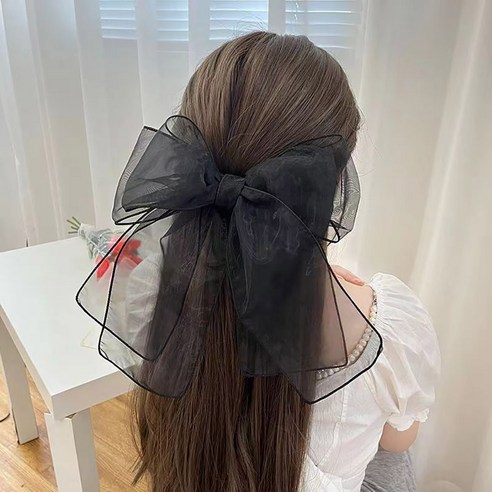 은꽃밴드 대형 쉬폰 왕리본 자동 핀 머리장식