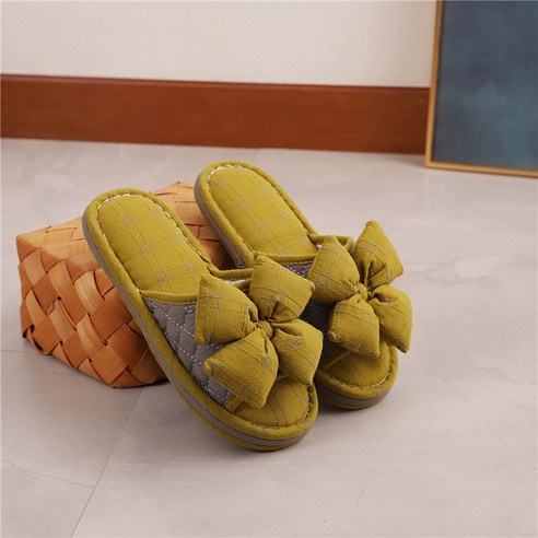블루콩 리본 3중패드 층간소음방지 여성용 거실화 면슬리퍼 실내화, 1개, 245-255mm, 카키