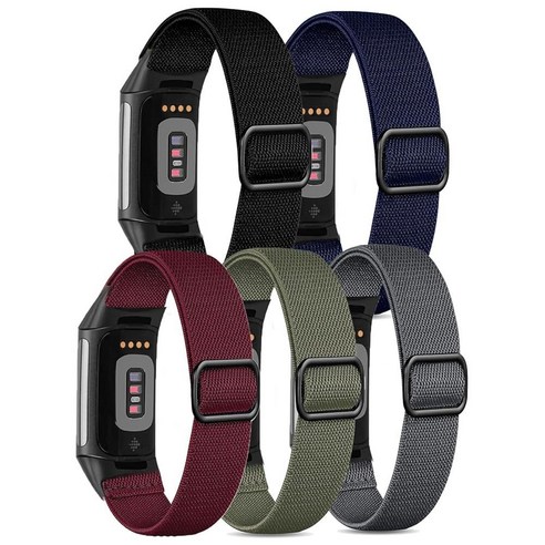 Attbbon 2 Pack Elastic Nylon Bands Compatible with Fit bit Charge 5 Bands Women Breathable Adjustab, Black+Dark Blue+Wine Red+Olive 스마트밴드