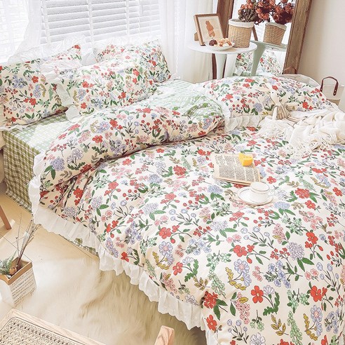 프랑스식 복고 유화 전면 순면 4종 세트 공주풍 레이스 레이스 레이스 꽃무늬 침대 시트 이불 세트 침대용품, 앨리스 가든 (레이스 스타일)