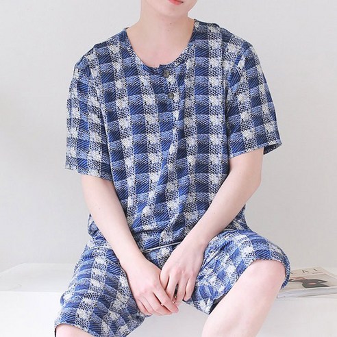 서빈 국내생산 남성용 레이온 체크 라운드 오픈형 잠옷 상하세트[EM1100]여름잠옷