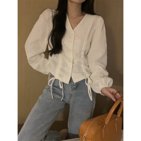 블라우스 셔츠 퍼프 브이넥 긴팔 크롭 스트링 셔링 프렌치