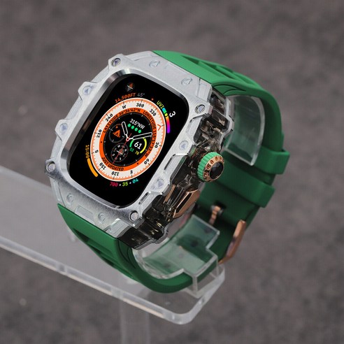 호환 Apple Watch Ultra/Ultra2 49mm 합금 커버 케이스 투명 프레임 고무 스트랩, Silver B Green