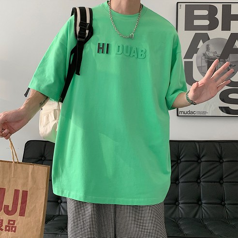 DFMEI 라운드 넥 반팔 티셔츠 남성 여름 조수 브랜드 입체 문자 인쇄 야생 느슨한 교감 셔츠 홍콩 스타일 심플 탑