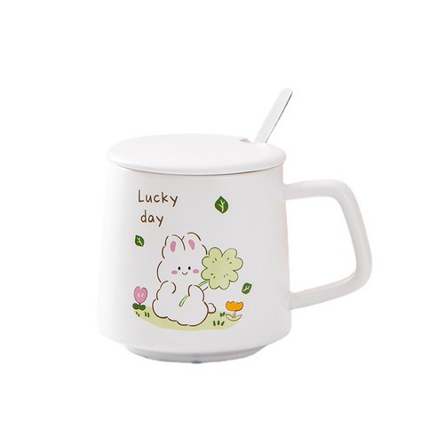 ANKRIC 머그잔 만화 귀여운 세라믹 컵 뚜껑 홈 우유 커피 컵 사무실 컵 실용적인 창조적 인 선물 찻잔, 토끼 A