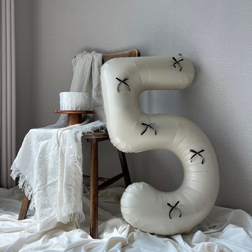 숫자풍선 생일풍선 대형 리본 생일파티용품 이벤트, 5, 베이지(+블랙리본)